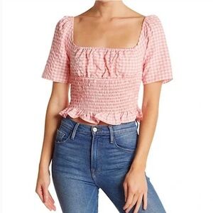 BCBGeneration milkmaid smocked square neckline pink gingham plaid crop top